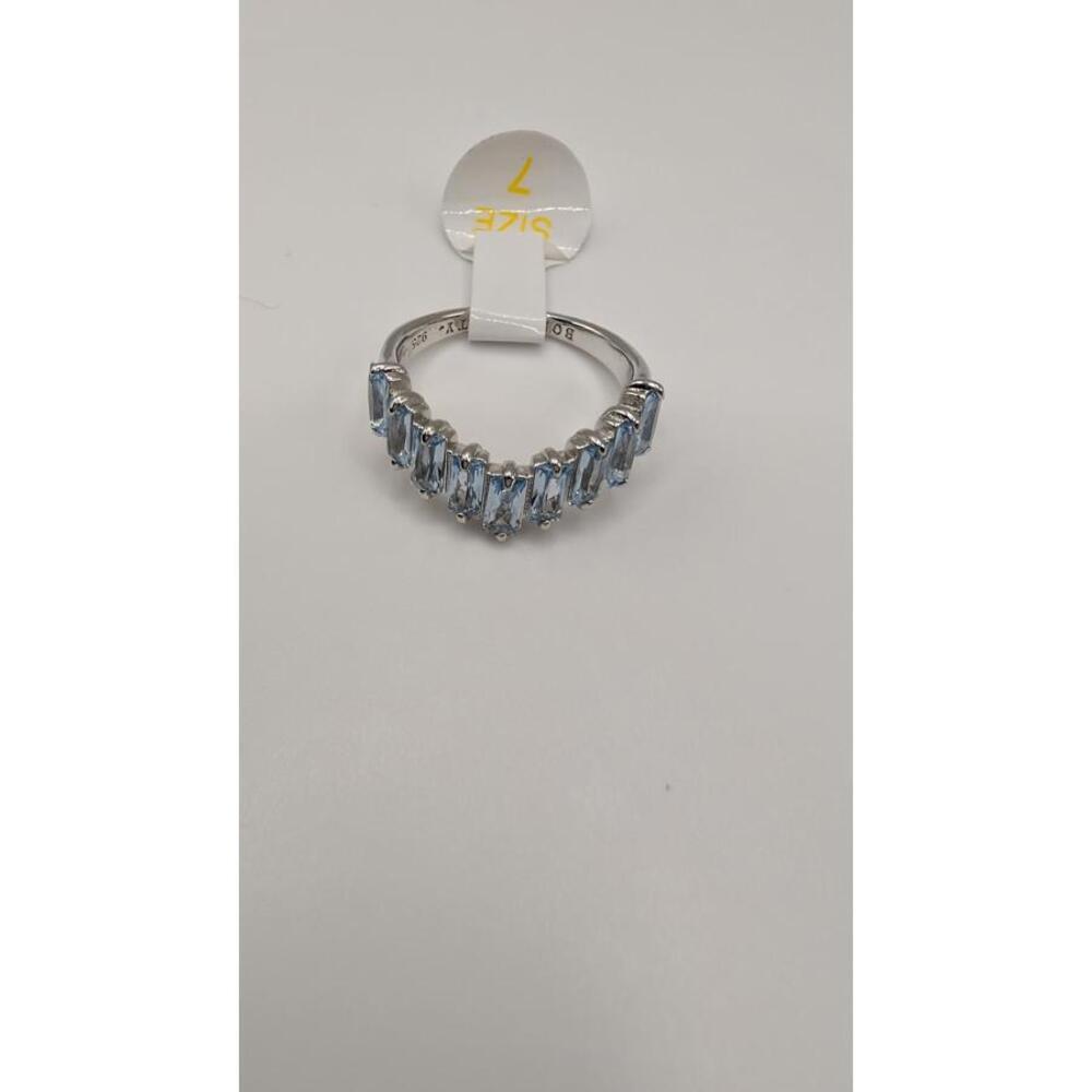 Silver Chevron Ring with Blue Gemstones, Size 7